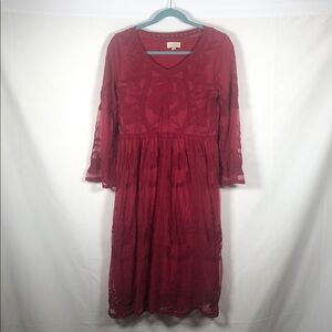 orange creek Prairie Cottage Sheer Mesh Floral Embroidered Overlay V-Neck Dress